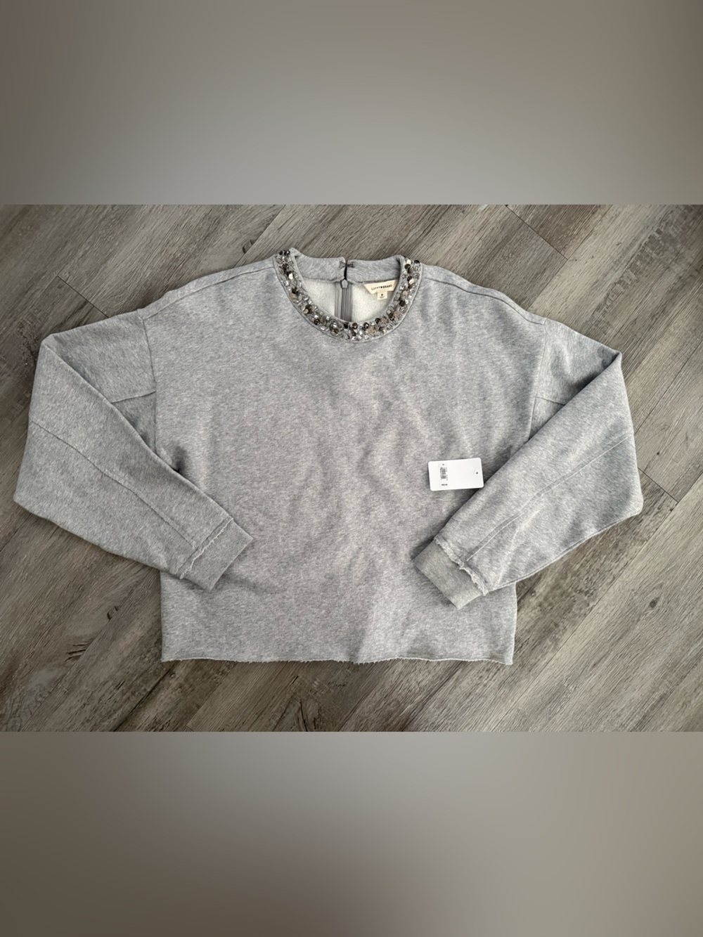 Lucky Brand Light Gray Crewneck Sweater with Beaded Collar